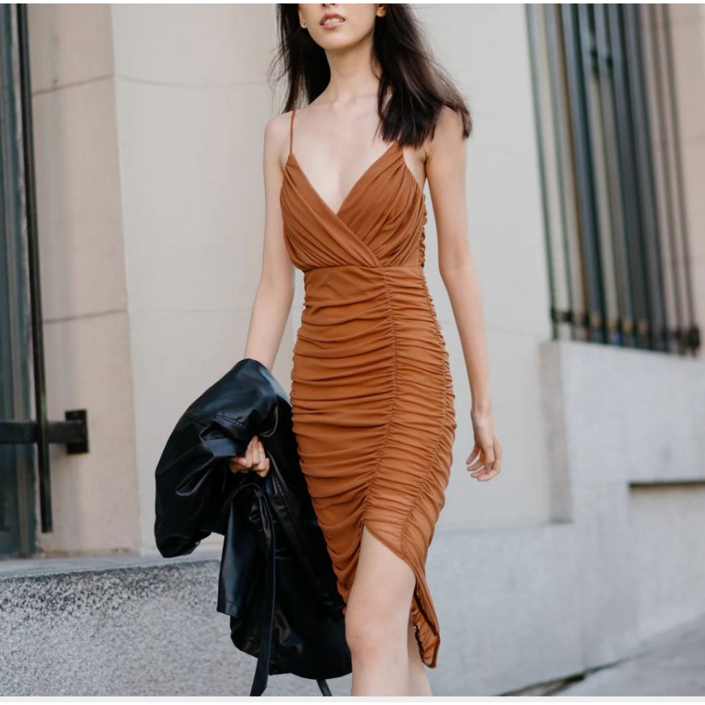 Okakie Mesh Ruched Dress brown size M